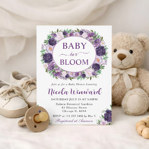 Watercolor Cream and Purple Wreath Baby Shower Invitation