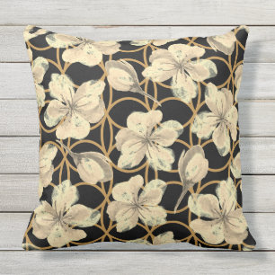 Watercolor Cream Flowers on Black Indoor Cushion