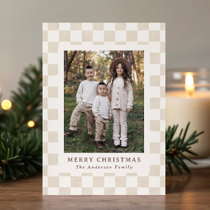 Watercolor Cream Gingham Christmas Photo Holiday Card