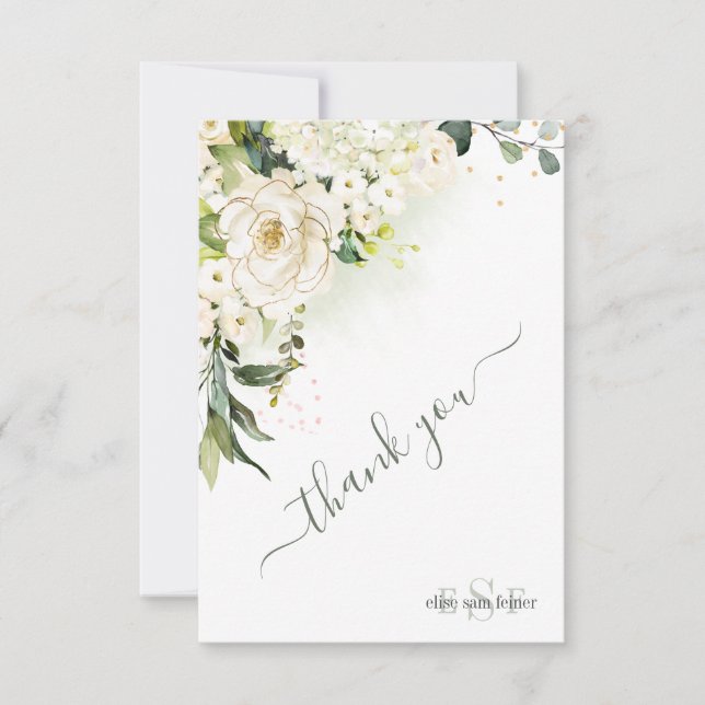 Watercolor Cream Roses Hydrangea Thank You (Front)