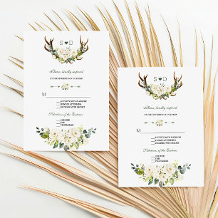 Watercolor Cream White Floral Antlers Wedding RSVP Card