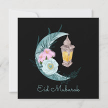 Watercolor Crescent Eid Mubarak Black Holiday Card