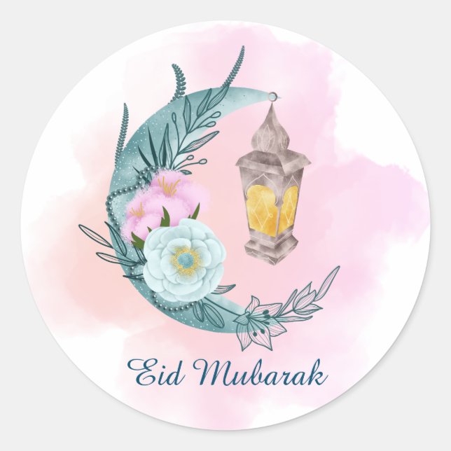 Watercolor Crescent Eid Mubarak White Sticker (Front)