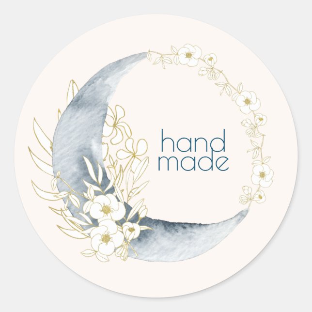 Watercolor Crescent Moon floral Handmade Classic Round Sticker (Front)