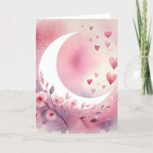 Watercolor Crescent Moon, Hearts, Cherry Blossoms Card