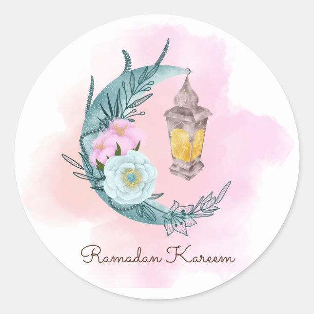Watercolor Crescent Ramadan Kareem Round Sticker (Front)