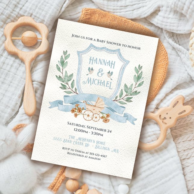 Watercolor Crest Baby Blue Shower Invitation (Creator Uploaded)