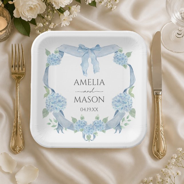 Watercolor Crest Blue Hydrangea Wedding Paper Plate (Watercolor Crest Blue Hydrangea Wedding Paper Plates)