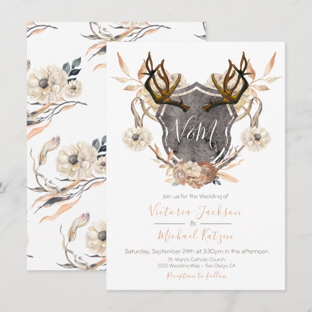 Watercolor Crest floral Antler Wedding invitations (Front/Back)