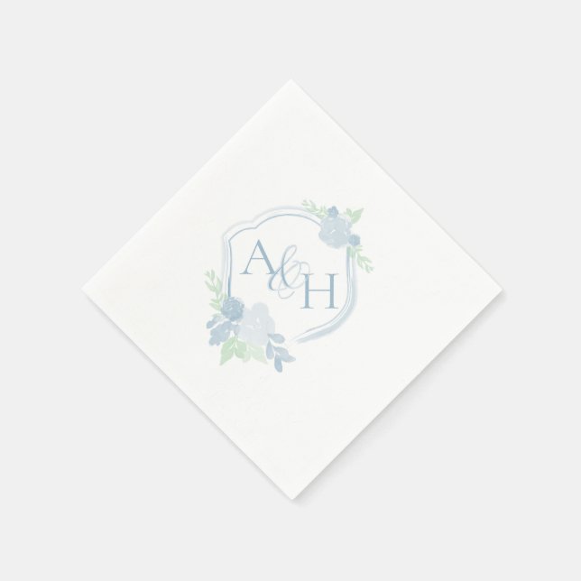 Watercolor Crest Floral Monogram Wedding Napkin (Corner)
