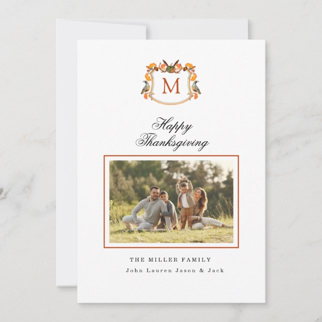 Watercolor Crest Photo Thanksgiving Announcement (Front)