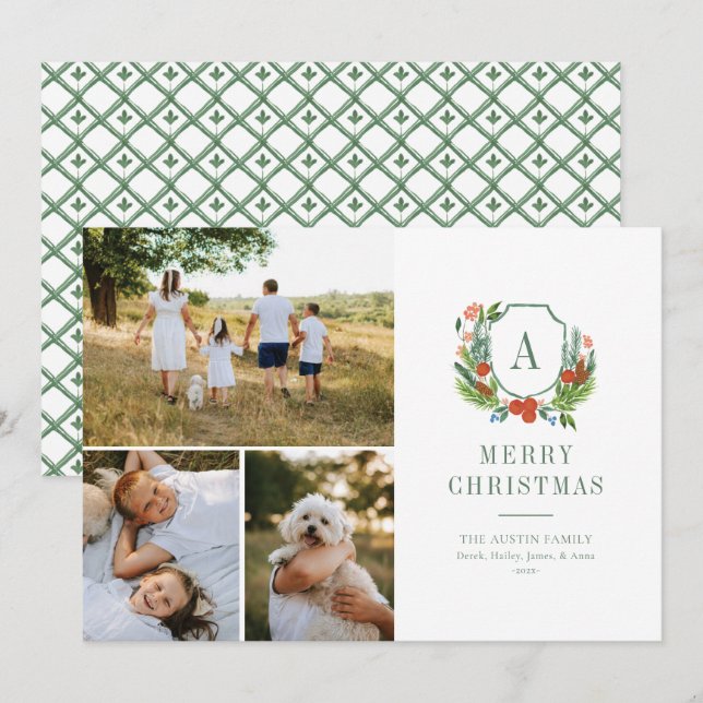 Watercolor Crest Preppy Christmas Multi Photo Card (Front/Back)