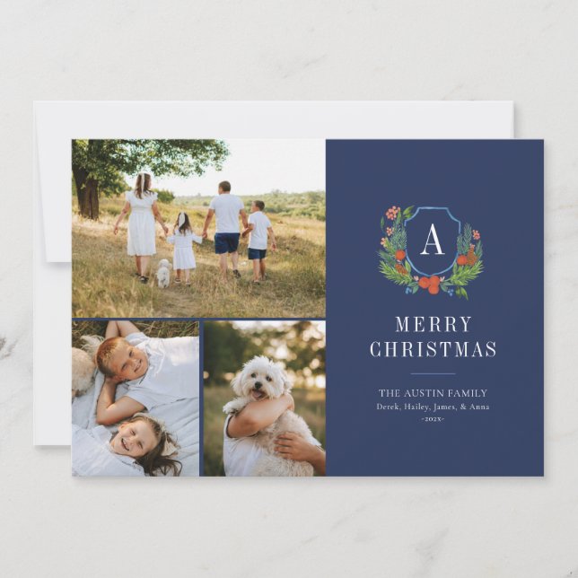 Watercolor Crest Preppy Christmas Multi Photo Card (Front)