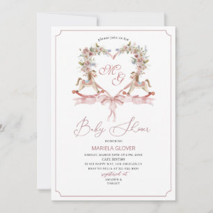 Watercolor Crests  Pink flowers Rocking Horse  Bab Invitation
