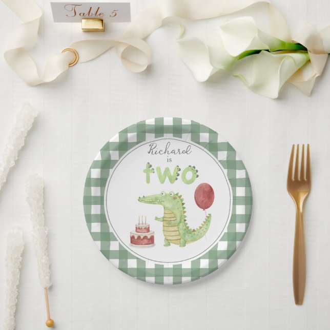 Watercolor Crocodile 2nd birthday Paper Plate (Wedding)