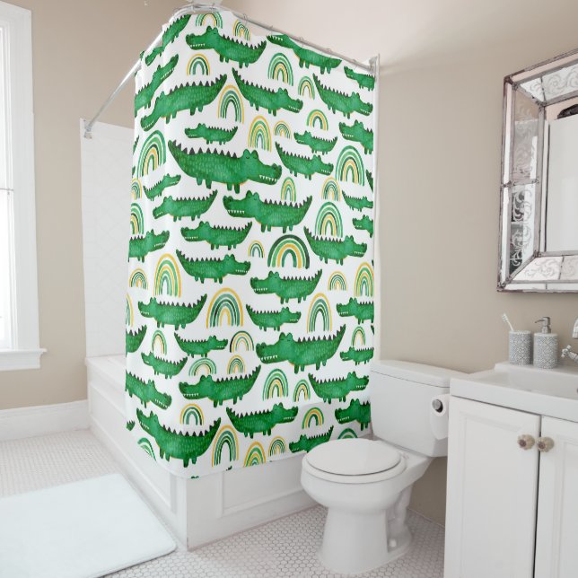 Watercolor Crocodile Alligator Rainbow Kids Shower Curtain (In Situ)