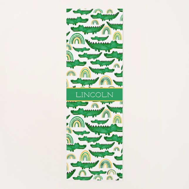 Watercolor Crocodile Alligator Rainbow Personalise Yoga Mat (Front)