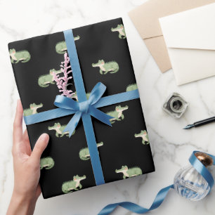 Watercolor Crocodiles on Black Wrapping Paper