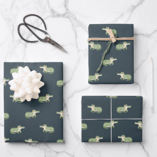 Watercolor Crocodiles on Dark Gray-Blue Wrapping Paper Sheet