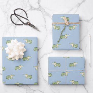 Watercolor Crocodiles on Light Blue Wrapping Paper Sheet