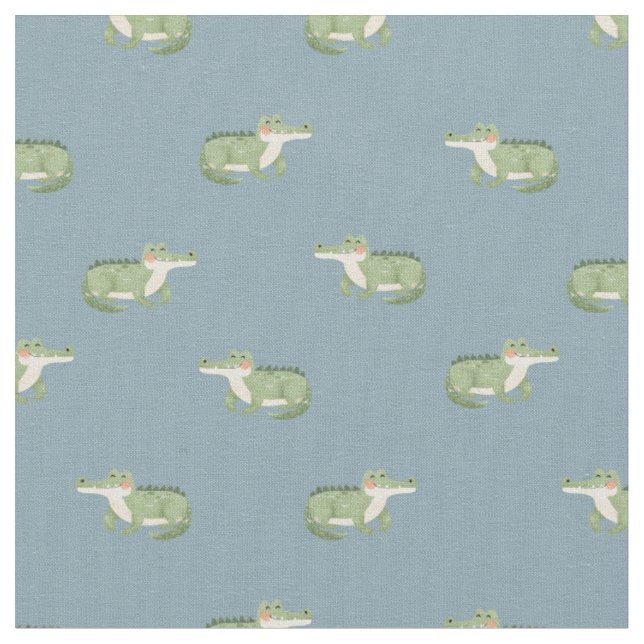 Watercolor Crocodiles on Light Gray-Blue Fabric (Close Up)