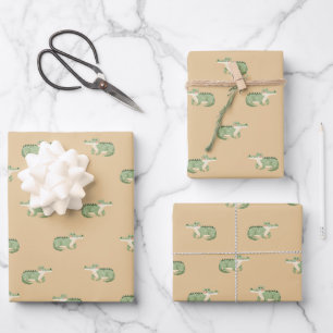 Watercolor Crocodiles on Light Orange Wrapping Paper Sheet