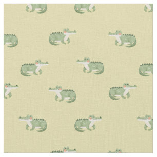 Watercolor Crocodiles on Light Yellow Fabric
