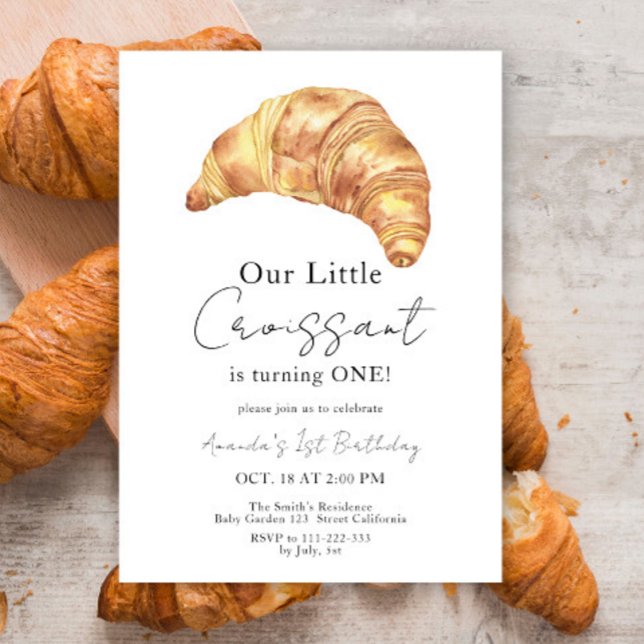 Watercolor Croissant 1st Birthday Party Invitation (Creator Uploaded)