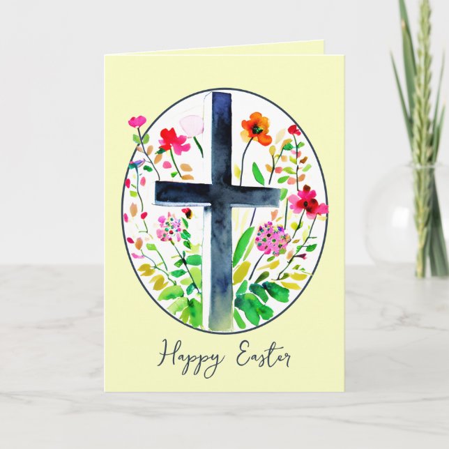 Watercolor cross and flowers oval custom Easter Holiday Card (Front)