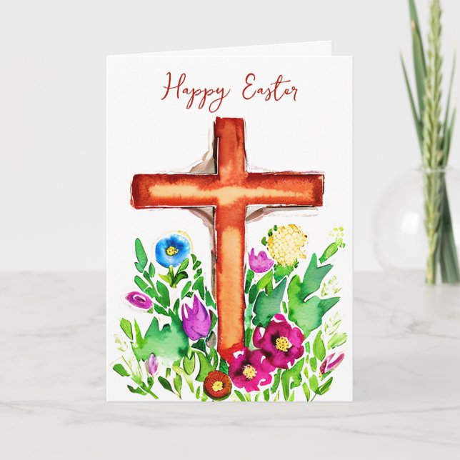 Watercolor cross and pink flowers custom Easter Holiday Card (Front)