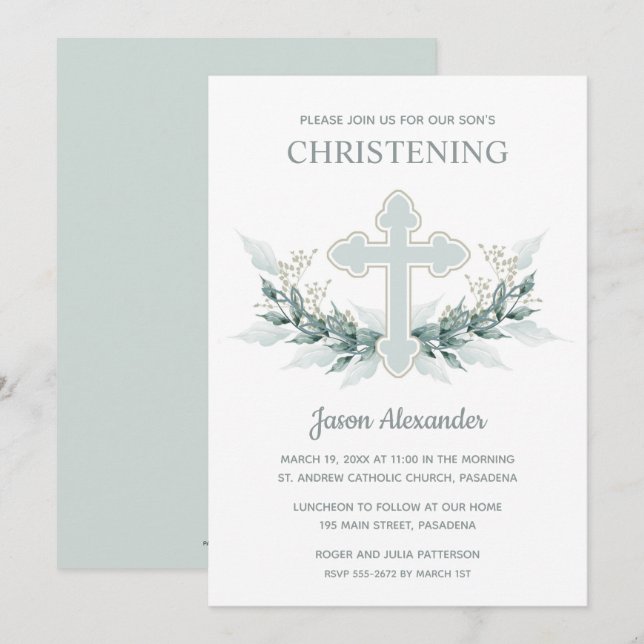 Watercolor Cross Christening Invitations (Front/Back)