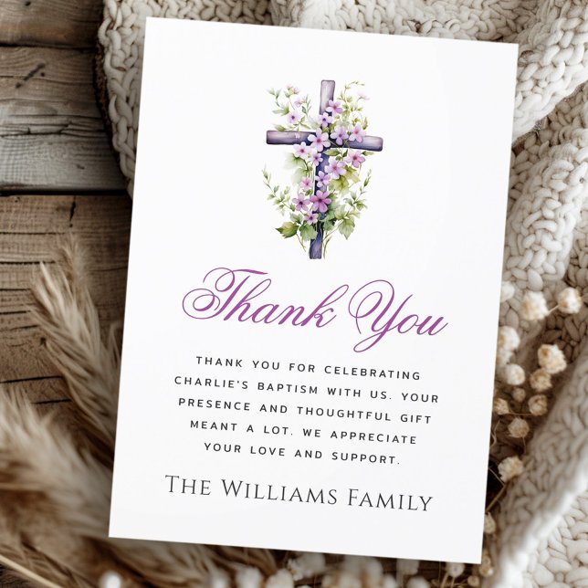 Watercolor cross purple flower baptism thank you (Watercolor cross purple flower baptism thank you)
