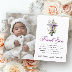 Watercolor cross purple flower baptism thank you card