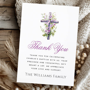 Watercolor cross purple flower baptism thank you card