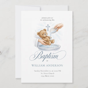 Watercolor Cross Teddy Bear Baptism Announcement