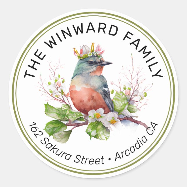 Watercolor Crowned Spring Bird Address Classic Round Sticker (Front)