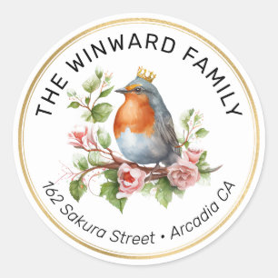 Watercolor Crowned Spring Robin Address Classic Round Sticker