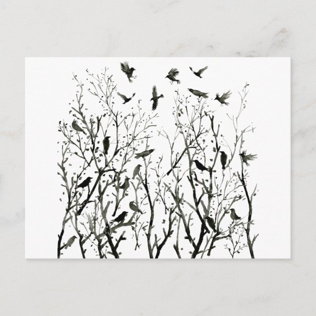 Watercolor crows in Wood at night black Postcard (Front)