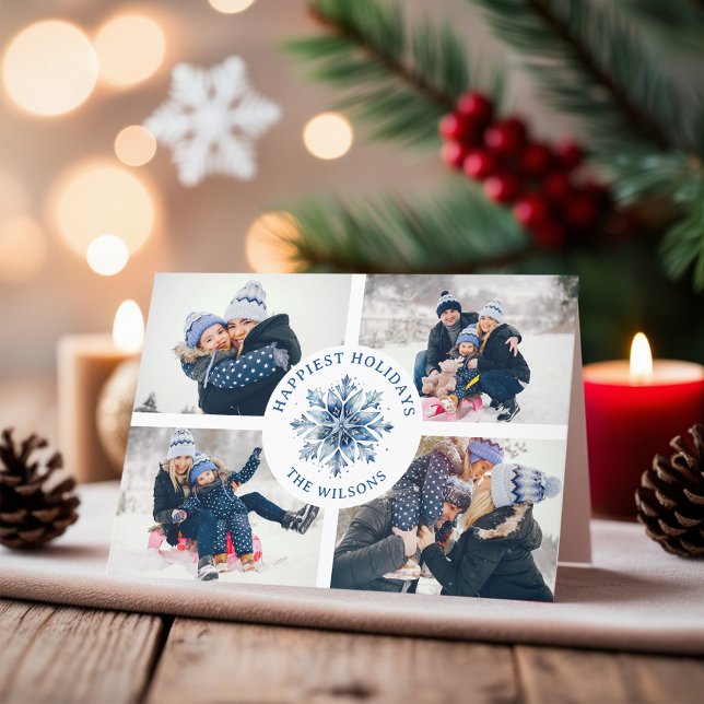 Watercolor Crystal Blue Snowflake 4 Photo Collage Holiday Card (Creator Uploaded)