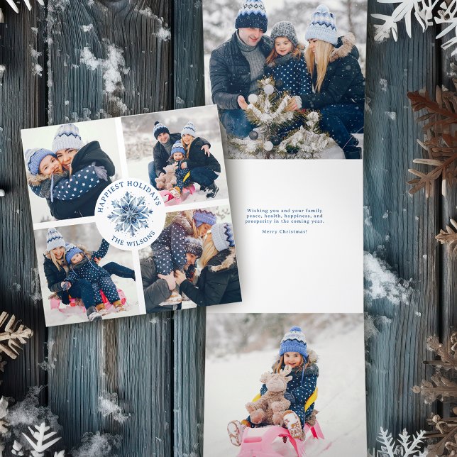 Watercolor Crystal Blue Snowflake Multiphoto Tri-Fold Holiday Card (Creator Uploaded)