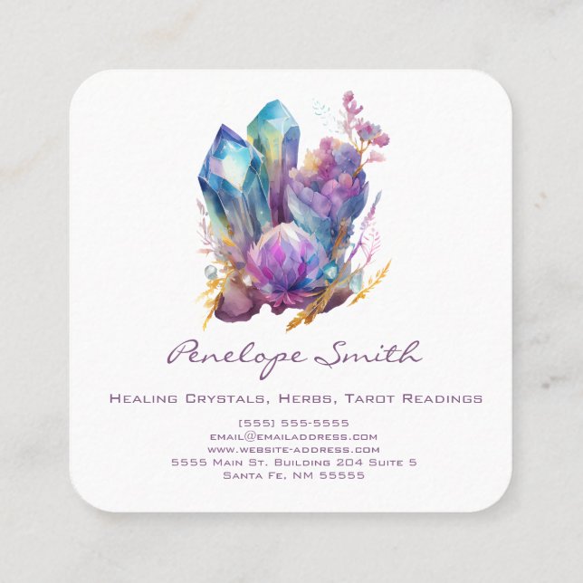 Watercolor Crystals and Flowers Square Business Card (Back)