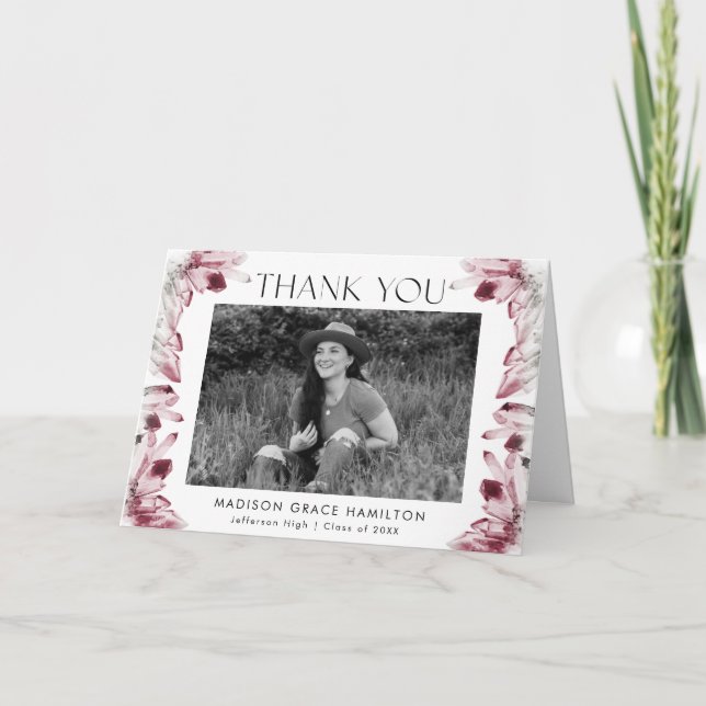Watercolor Crystals Burgundy Photo Graduation Thank You Card (Front)