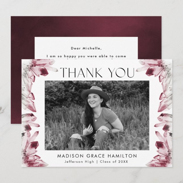 Watercolor Crystals Burgundy Photo Graduation Thank You Card (Front/Back)