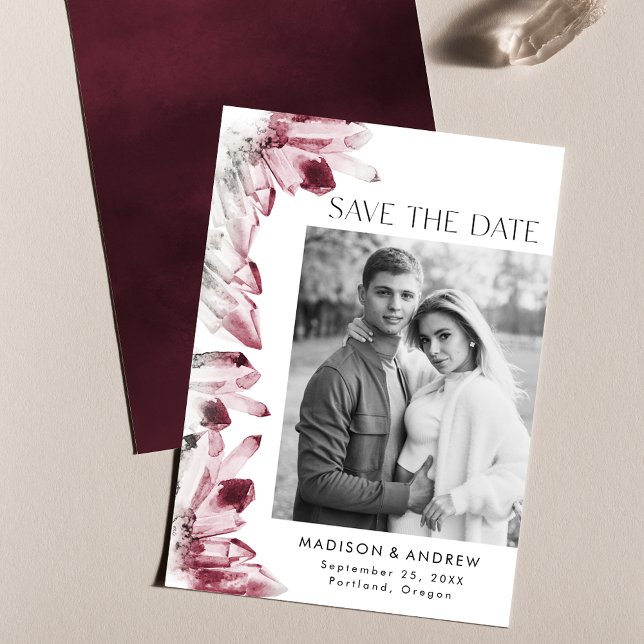 Watercolor Crystals Burgundy Photo Save The Date (Creator Uploaded)