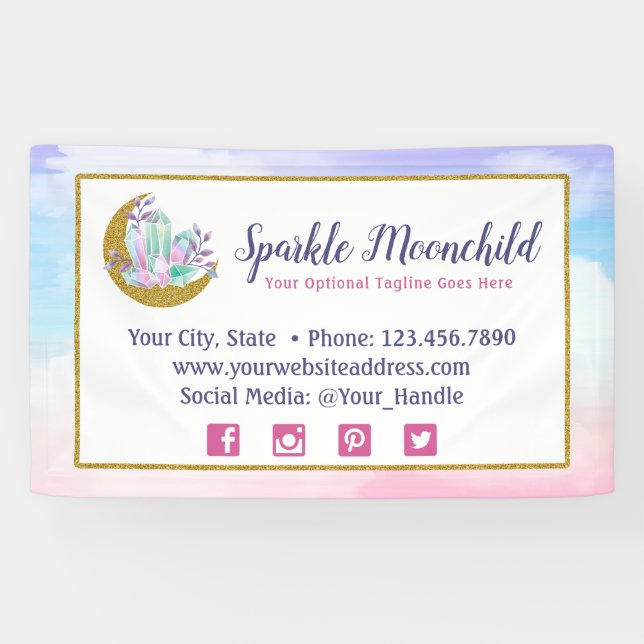 Watercolor Crystals & Gold Crescent Moon Boutique Banner (Horizontal)
