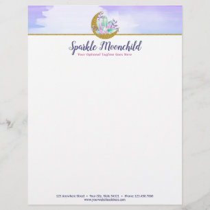 Watercolor Crystals & Gold Crescent Moon Boutique Custom Letterhead