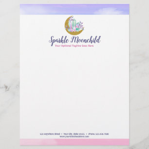Watercolor Crystals & Gold Crescent Moon Boutique Custom Letterhead