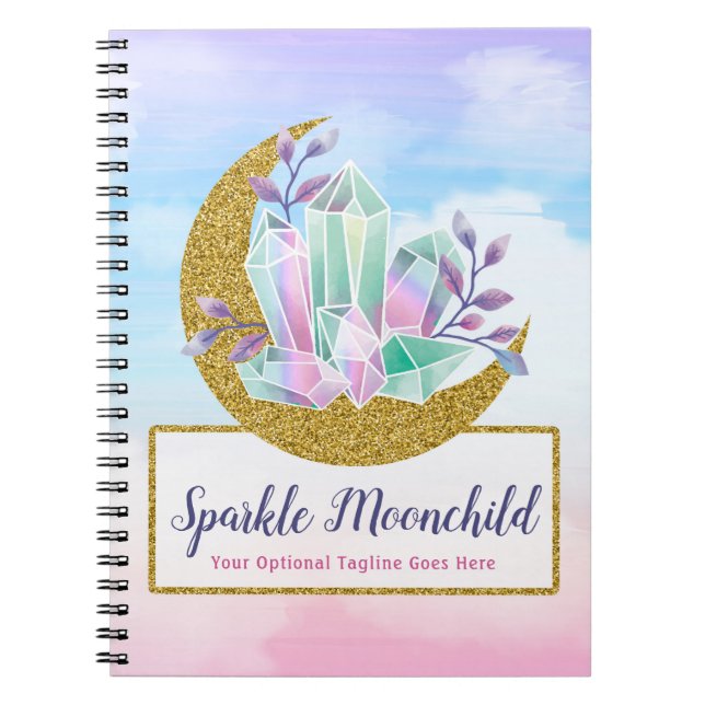 Watercolor Crystals & Gold Crescent Moon Boutique Notebook (Front)