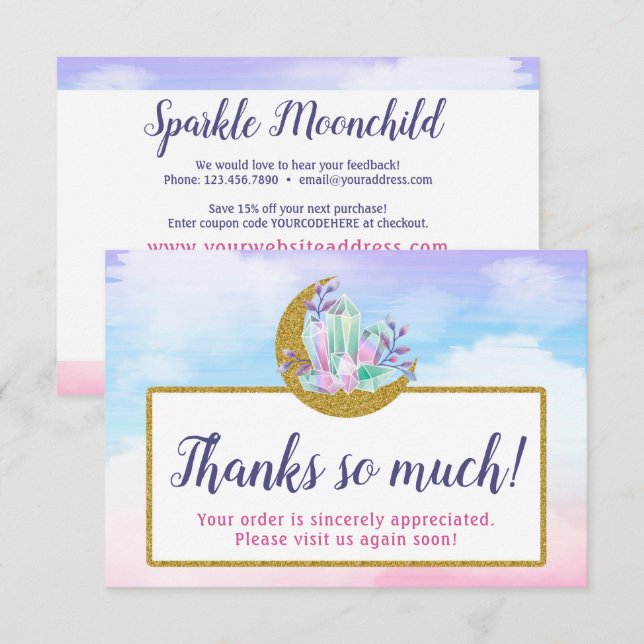 Watercolor Crystals & Gold Moon Thank You Card (Front/Back)