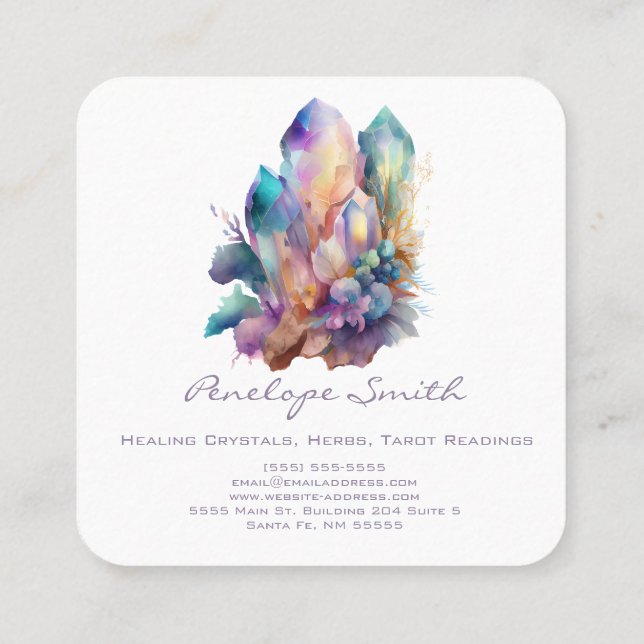 Watercolor Crystals Square Business Card (Back)